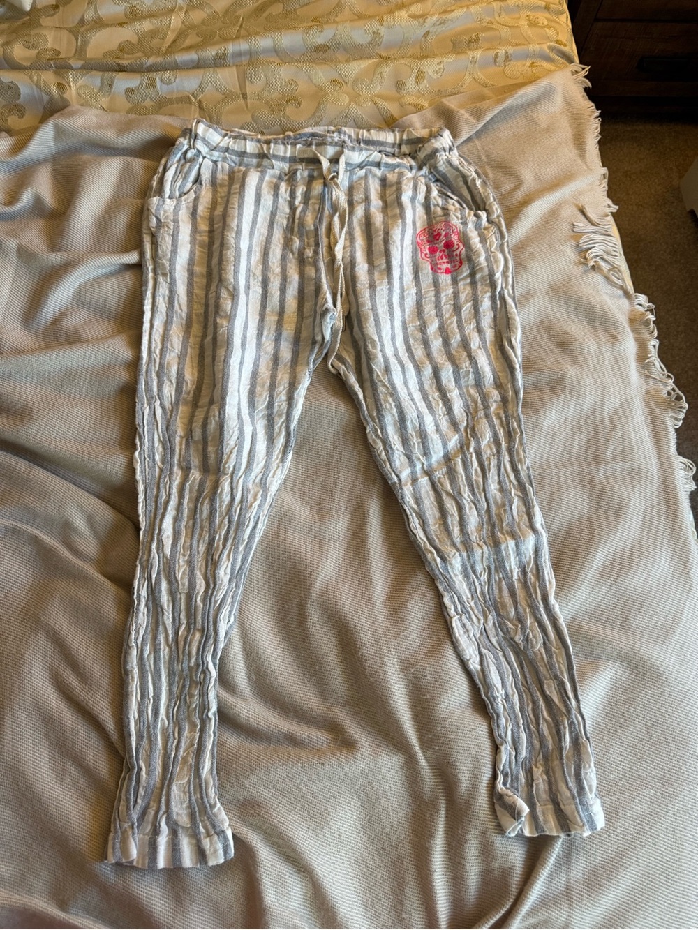 Striped Drawstring Linen Jogger Pants - White & Light Blue